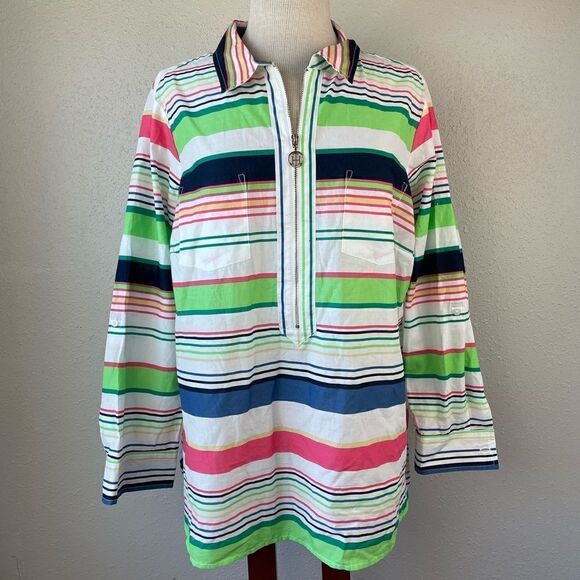 NWT Tommy Hilfiger Half Zip Down Striped Top Size 0X - Picture 1 of 9